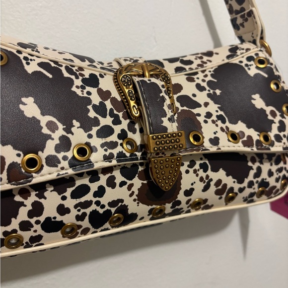 Betsey Johnson Cream and Black Cow Print Shoulder Bag with Gold Details - Picture 2 of 5